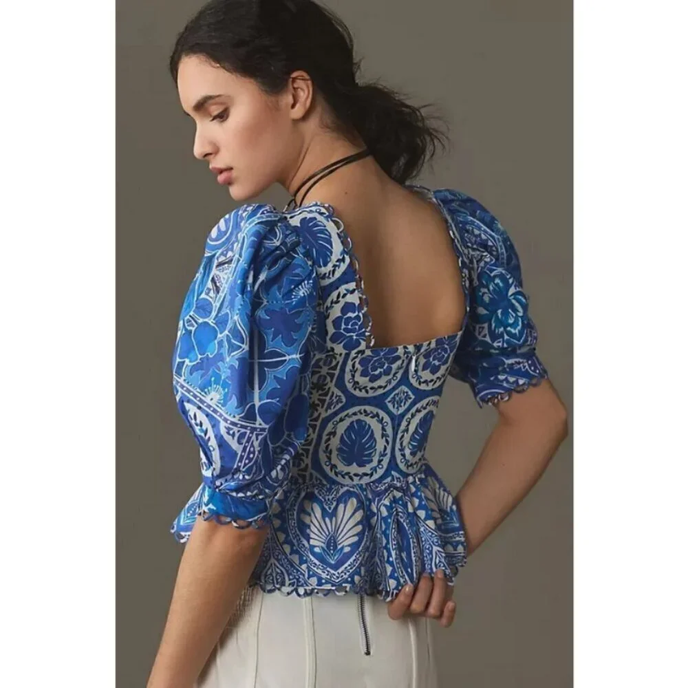 💕FARM RIO💕 Blue Tile Dream Short Sleeve Blouse ~ Floral Large L NWT *DAMAGED*